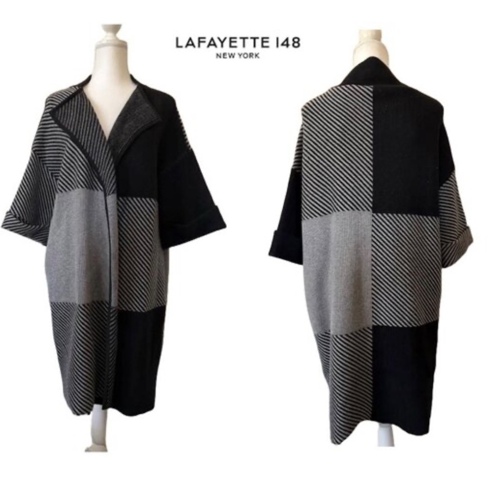 Lafayette 148 New York Patchwork Black and Gray 100% Wool Cardigan XL